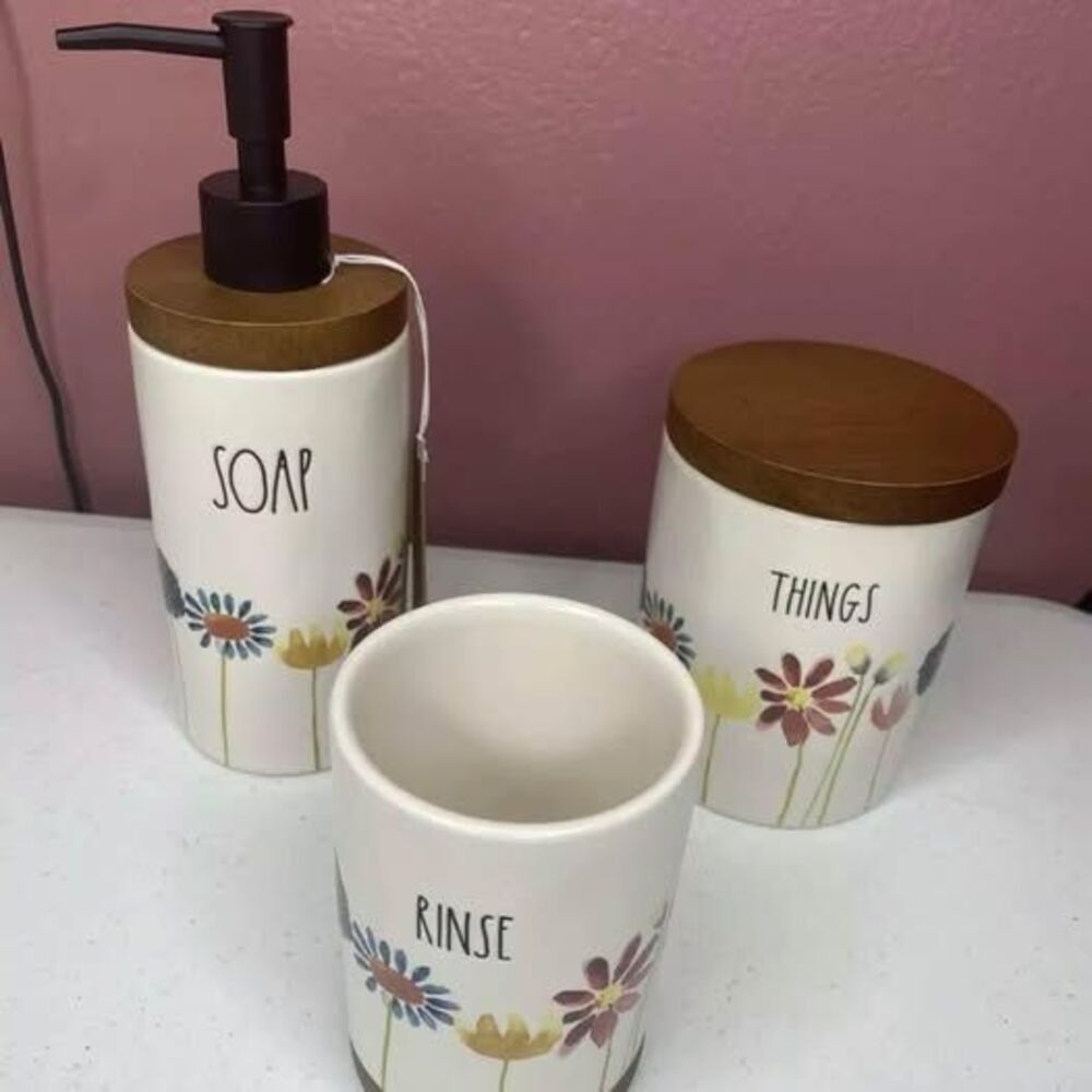 Rae Dunn floral brown lid wooden ceramic bathroom set 3 piece